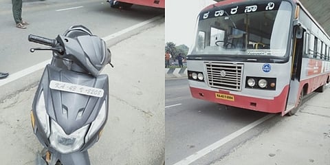 ಕೆಎಸ್ ಆರ್ ಟಿಸಿ ಬಸ್  ಮತ್ತು ಅಪಘಾತಕ್ಕೀಡಾದ ಸ್ಕೂಟರ್