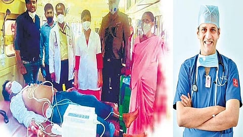 ಬಂಟ್ವಾಳದಲ್ಲಿರುವ ಕೆಎಸ್‌ಆರ್‌ಟಿಸಿ ಮೊಬೈಲ್ ಐಸಿಯು ಘಟಕದಲ್ಲಿ ಇಸಿಜಿ ಪರೀಕ್ಷೆಗೊಳಗಾಗಿರುವ ವ್ಯಕ್ತಿ ಹಾಗೂ ಹೃದ್ರೋಗ ತಜ್ಞ ಪದ್ಮನಾಭ ಕಾಮತ್'