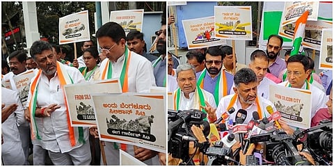 ಕಾಂಗ್ರೆಸ್  ನಾಯಕರು ಟ್ರಿನಿಟಿ ವೃತ್ತದಲ್ಲಿ ಪ್ರತಿಭಟನೆ ನಡೆಸಿದರು
