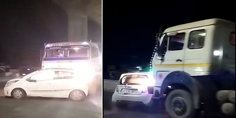ಕಾರನ್ನು 3 ಕಿಮೀ ದೂರ ಎಳೆದೊಯ್ದ ಪಾನಮತ್ತ ಟ್ರಕ್ ಚಾಲಕ