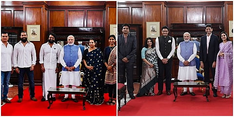 ಕರ್ನಾಟಕ ಪ್ರವಾಸದಲ್ಲಿರುವ ಪ್ರಧಾನಿ ನರೇಂದ್ರ ಮೋದಿ ಅವರು ಭಾನುವಾರ ರಾಜಭವನದಲ್ಲಿ ಸ್ಯಾಂಡಲ್​ವುಡ್ ಹಾಗೂ ಕ್ರಿಕೆಟ್​ ತಾರೆಯರನ್ನು ಭೇಟಿ ಮಾಡಿದರು.
