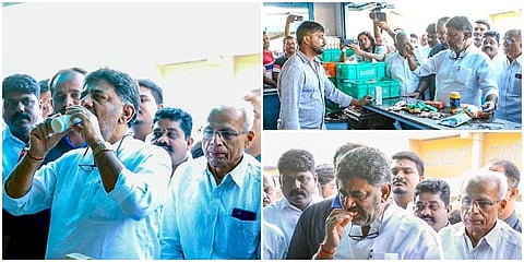 ಹಾಸನದ ನಂದಿನಿ ಹಾಲು ಕೇಂದ್ರವೊಂದರಲ್ಲಿ ಹಾಲಿನ ಉತ್ಪನ್ನಗಳನ್ನು ಖರೀದಿಸಿ ತಿನ್ನುವ ಮೂಲಕ ಬೆಂಬಲ ಸೂಚಿಸಿದ ಡಿ ಕೆ ಶಿವಕುಮಾರ್