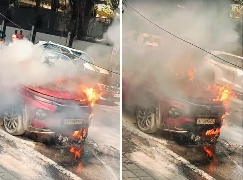 ಬೆಂಗಳೂರು: ಕಮಿಷನರ್ ಕಚೇರಿ ಹೊರಗೆ ಚಲಿಸುತ್ತಿದ್ದ ಕಾರಿಗೆ ಆಕಸ್ಮಿಕ ಬೆಂಕಿ, ಹೊತ್ತಿ ಉರಿದ ಟೊಯೋಟಾ ಕಾರು