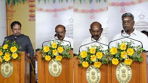 அமைச்சர்கள் ராஜவேலு, சிவக்கொழுந்து, ராஜசேகர் ஆகியோருக்கு கவர்னர் கைலாஷ்நாதன் பதவி பிரமாணமும், ரகசிய காப்பு பபிரமாணமும் செய்து வைத்தார்