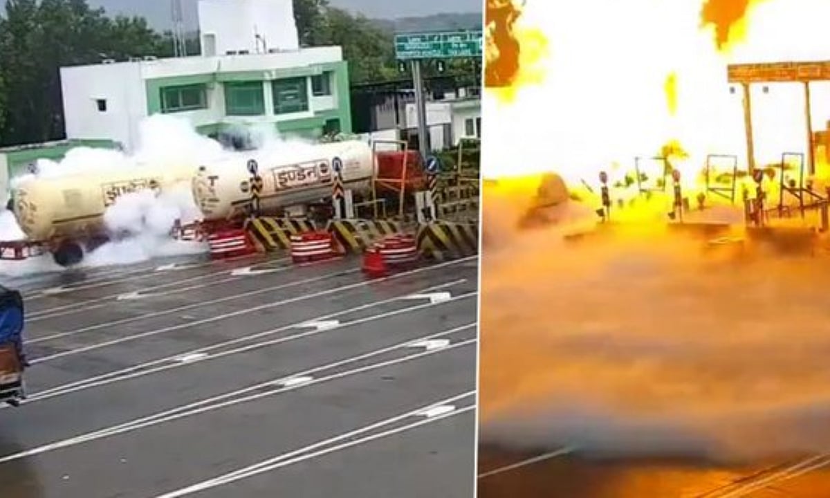 டோல்கேட்டில் மோதி வெடித்த LPG டேங்கர் லாரி: சிசிடிவி வீடியோ வெளியீடு!
