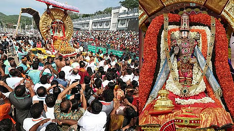 திருப்பதி கோவில் பிரம்மோற்சவ விழா- கொட்டும் மழையில் சாமி வீதி உலா