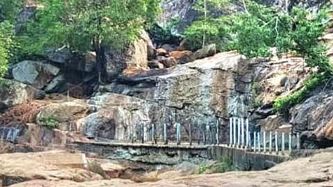 தண்ணீர் இல்லாமல் வறண்டு கிடக்கும் பஞ்சலிங்க அருவி