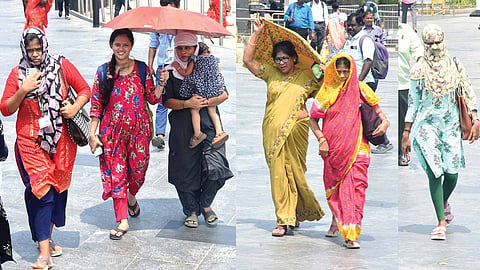 சென்னையில் வெயிலின் தாக்கம் காரணமாக சென்ட்ரல் ரெயில் நிலைய பகுதியில் பெண்கள் குடை பிடித்தும், முகத்தை துப்பட்டாவால் மறைத்துக் கொண்டு செல்வதையும் படத்தில் காணலாம்.