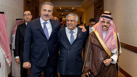 Hakan Fidan, Mohammad Ishaq Dar and Prince Faisal bin Farhan Al Saud 