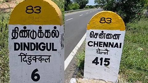 தேசிய நெடுஞ்சாலை மைல் கல்லில் இடம்பெற்ற இந்தி எழுத்துக்கள்