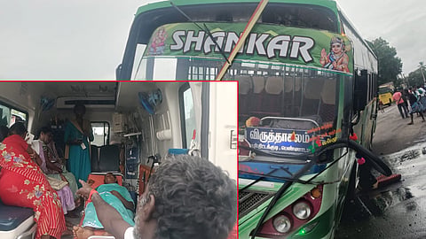 சாலை தடுப்பு கட்டையில் மோதிய தனியார் பஸ்- 20 பயணிகள் காயம்