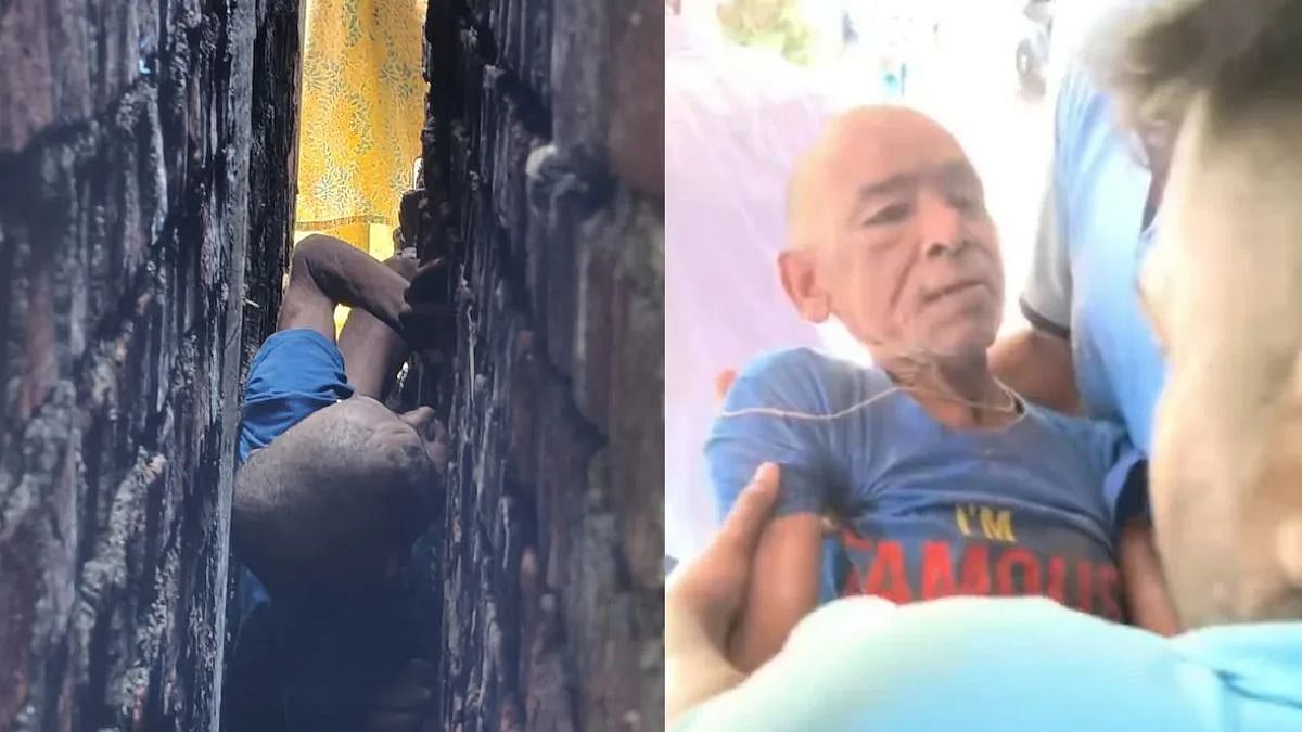 இரு வீடுகளின் சுவர்களுக்கு இடையே குறுகிய இடைவெளியில் சிக்கிய 70 வயது முதியவர் - மீட்பு வீடியோ வைரல்