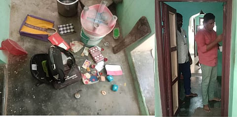 கொள்ளை நடந்த வீட்டில் பொருட்கள் சிதறி கிடப்பதையும், கைரேகை நிபுணர் தடயங்களை சேகரிப்பதையும் படத்தில் காணலாம்.