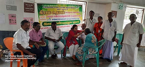 சாம்பவி தலைமையில் மருத்துவ குழுவினர் பொதுமக்களுக்கு கண் பரிசோதனை செய்தனர்.&nbsp;