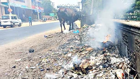 குப்பைகளுக்கு தீ வைக்கப்பட்டு புகை மூட்டம் எழுவதை படத்தில் காணலாம்.
