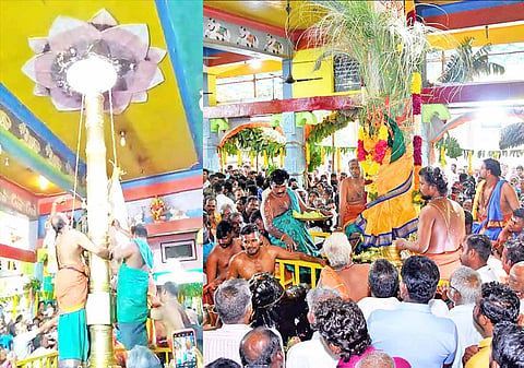 விழாவில் கொடிமரத்தில் கொடியேற்றி தீபாராதனை காட்டப்பட்ட காட்சி.
