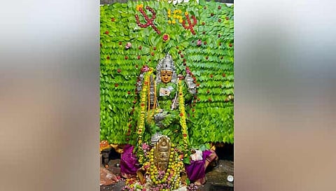 ஆடி அமாவாசையை முன்னிட்டு ராசிபுரம் நித்திய சுமங்கலி மாரியம்மன் வெற்றிலை அலங்காரத்தில் பக்தர்களுக்கு அருள் பாலித்த காட்சி.
