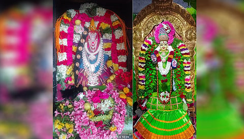 ராசிபுரம் இ.பி.காலனி வலம்புரி விநாயகர் கோவிலில் உள்ள துர்க்கை அம்மன் சிறப்பு அலங்காரத்திலும்,  கன்னிகா பரமேஸ்வரி அம்மன் வெற்றிலை அலங்காரத்திலும் அருள்பாலித்த காட்சி.
