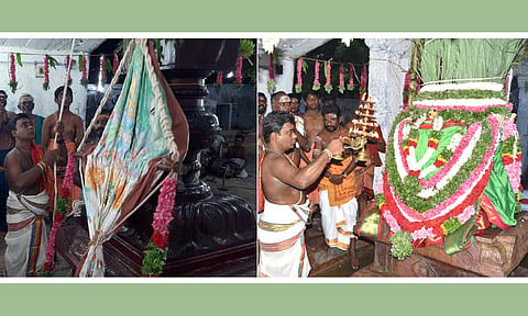 வெயிலுகந்த அம்மன் கோவிலில் ஆவணித் திருவிழாவையொட்டி கொடியேற்றம் நடைபெற்றதையும், கொடி மரத்திற்கு சோடச தீபாராதனை காட்டப்பட்டதையும் படத்தில் காணலாம்.