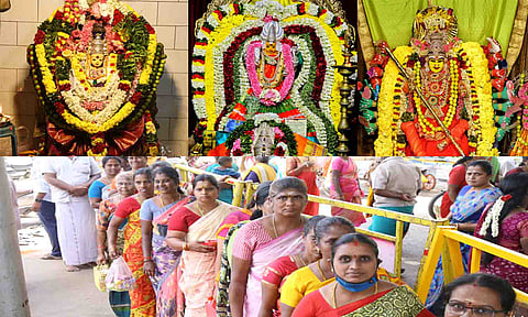 மஞ்சள் காப்பு அலங்காரத்தில் திருப்பூர் போலீஸ் லைன் மாரியம்மன், வனபத்ரகாளியம்மன் அலங்காரத்தில்  வாலிபாளையம் ஸ்ரீமாகாளியம்மன்.சிறப்பு அலங்காரத்தில்  ஸ்ரீ கோட்டை மாரியம்மன். தரிசனம் செய்ய வரிசையில் காத்திருந்த பக்தர்கள்.
&nbsp;