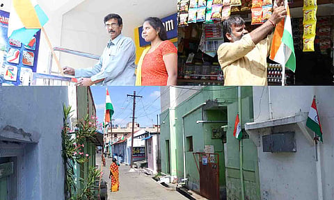 திருப்பூரில் வீடுகள்-கடைகளில் தேசிய கொடிகள் ஏற்றப்பட்டதை படத்தில் காணலாம். 75-வது சுதந்திரதினத்தையொட்டி திருப்பூர் மாவட்டம் பல்லடத்தில் வீடுகள்தோறும் தேசிய கொடிகள் ஏற்றப்பட்டன. அதனை படத்தில் காணலாம்.&nbsp;