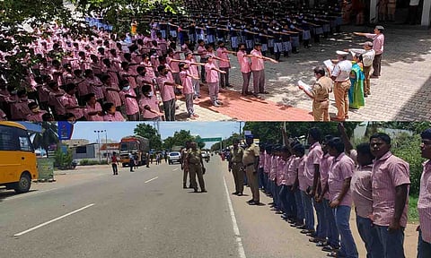 ஸ்ரீ கன்னிகா பரமேஸ்வரி மேல்நிலைப் பள்ளியில் போதை பொருள் தடுப்புக்கான உறுதிமொழி ஏற்பு நிகழ்ச்சி   நடைபெற்ற காட்சி. குடிமங்கலத்தில் நடைபெற்ற நிகழ்ச்சியில் பங்கேற்றவர்கள்.

