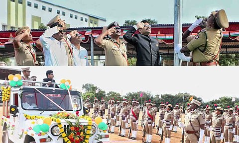 திருப்பூர் அரசு சிக்கண்ணா கல்லூரியில் நடைபெற்ற சுதந்திர தினவிழாவில் கலெக்டர் வினீத் தேசிய கொடியேற்றி மரியாதை செலுத்திய காட்சி. போலீசாரின் அணிவகுப்பு  மரியாதையை கலெக்டர் வினீத் ஏற்றுக்கொண்ட காட்சி.
