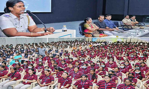 நிகழ்ச்சியில் சைபர் கிரைம் போலீஸ் இன்ஸ்பெக்டர் சொர்ணவள்ளி  பேசிய காட்சி.&nbsp;