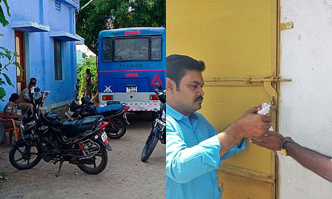 பாஞ்சாங்குளத்தில் போலீசார் விசாரணை நடத்திய காட்சி - பெட்டிக்கடைக்கு வருவாய்த்துறையினர் சீல் வைத்த காட்சி. 