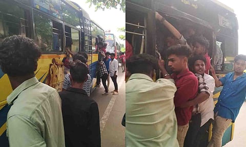 படிக்கட்டில் நின்று சத்தம் போட்டும் கிண்டல் அடித்த மாணவர்களை படத்தில் காணலாம்.
