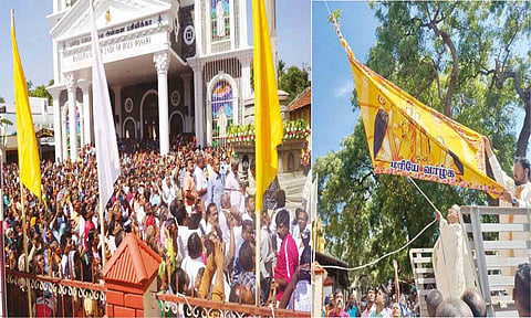 ஆலய வளாகத்தில் பங்குகுரு ஜான் ஆரோக்கியராஜ் ஸ்டீபன் கொடியேற்றி வைத்த போது எடுத்த படம்.