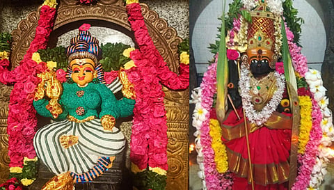 நவராத்திரி கடைசி நாள் விஜய தசமியை முன்னிட்டு வேலூர் பேட்டை பகவதி அம்மன், கோப்பணம்பாளையம் அங்காள பரமேஸ்வரி அம்மன் ஆகிய சாமிகள் சிறப்பு அலங்காரத்தில் அருள்பாலித்த காட்சி.