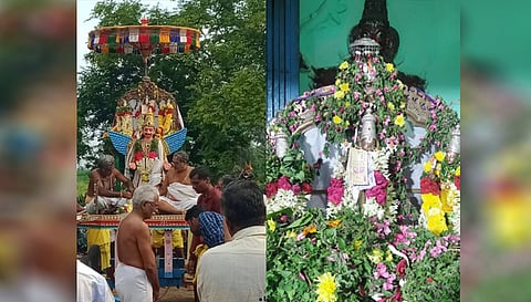 எடப்பாடி அருகே குரும்பபட்டி ரெட்டிபட்டி கிருஷ்ண பெருமாள் கோவிலில் புரட்டாசி திருவிழாவையொட்டி சாமி தேவி, பூதேவி சிறப்பு அலங்காரத்தில் கருட வாகனத்தில் திருவீதியுலா வந்த காட்சி.
