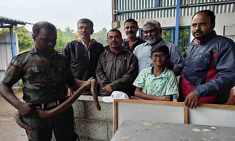 4 அடி நீளம் உள்ள மண்ணுளிப் பாம்பு பத்திரமாக வனச்சரகப் பணியாளரிடம் ஒப்படைக்கப்பட்ட காட்சி.