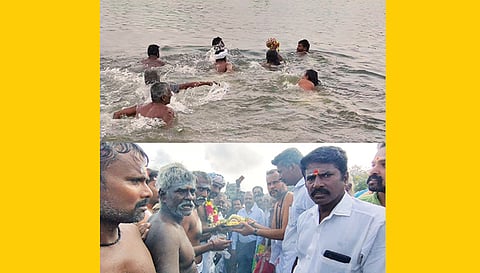 பெரிய கண்மாய் நிரம்பியதால் பாரம்பரிய முறைப்படி வழிபாடு செய்த கிராம மக்கள்.&nbsp;