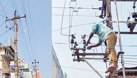 மின்கம்பிகளை சரிசெய்யும் பணியில் ஊழியர்கள்.