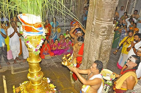 நெல்லை டவுன் நெல்லையப்பர் கோவிலில் திருவாதிரை  திருவிழா இன்று காலை கொடியேற்றத்துடன் தொடங்கியது. பின்னர் கொடிமரத்திற்கு தீபாராதனை காட்டப்பட்ட காட்சி.