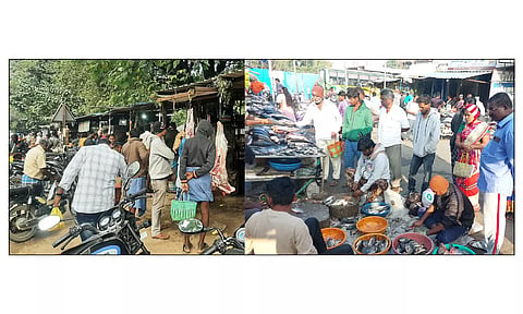 கரிநாளையொட்டி தருமபுரி, பொம்மிடி பகுதியில் உள்ள கறிக்கடை மற்றும் மீன் கடை உள்ளிட்ட கடைகளில் அலைமோதிய மக்கள் கூட்டம்.