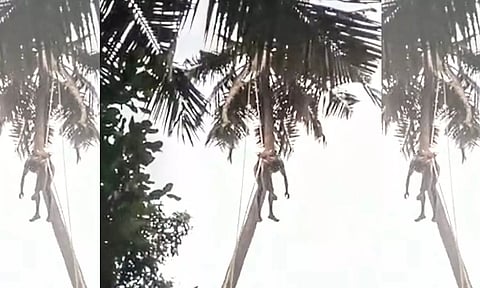மரத்தில் தொங்கிய விவசாயியை கயிறு கட்டி மீட்டனர்.