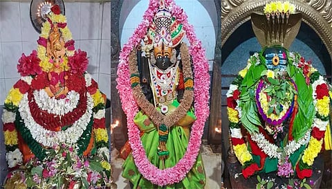 பரமத்திவேலூர் வல்லப விநாயகர் கோவிலில் உள்ள பானலிங்க விஸ்வேஸ்வர், கோப்பணம்பாளையம் அங்காள பரமேஸ்வரி அம்மன், பரமேஸ்வரர் சிறப்பு அலங்காரத்தில் அருள்பாலித்த காட்சி.