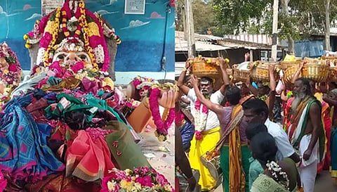 மலர் மாலை அலங்காரத்தில் பக்தர்களுக்கு அருள் பாலித்த பெரியாண்டிச்சி அம்மனையும்,  பூஜைப் பொருட்களை மூங்கில் கூடையில் சுமந்தடி சாமியாடிபடி ஊர்வலமாக செல்லும் பெண்களையும் படத்தில் காணலாம்.