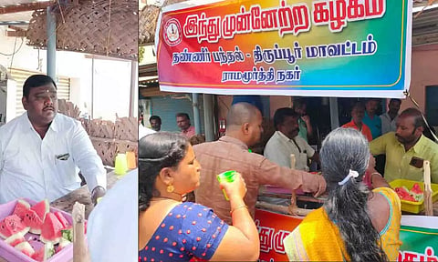 மாநிலத் தலைவர்  வழக்கறிஞர்  கோபிநாத் மக்களுக்கு நீர் மோர், தர்பூசணி ஆகியவற்றை விநியோகம் செய்த காட்சி.