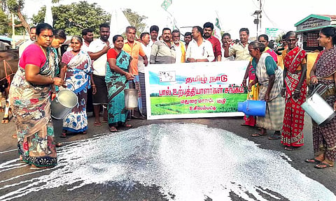 தொட்டப்பநாயக்கனூரில் சாலையில் பாலை கொட்டி போராட்டத்தில் ஈடுபட்டவர்களை காணலாம். 