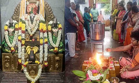 சிறப்பு அலங்காரத்தில் பிரசன்ன விநாயகர். யாகசாலை பூஜையில் பக்தர்கள் கலந்துகொண்ட காட்சி.