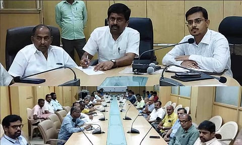 மேயர் தினேஷ்குமார் தலைமையில் கூட்டம் நடைபெற்ற காட்சி.&nbsp;