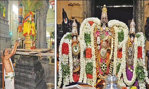 வரதராஜ பெருமாள் கோவிலில் சித்திரை மாத பிரம்மோற்சவ கொடியேற்று விழாவை தொடர்ந்து கொடி மரத்திற்கு தீபாராதனை காட்டப்பட்டதையும், சுவாமிக்கு சிறப்பு அலங்காரம் செய்யப்பட்டிருப்பதையும் படத்தில் காணலாம்.