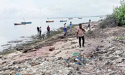 தங்கச்சிமடம் வடக்கு கடற்கரை பகுதியில் வெடிகுண்டு தடுப்பு பிரிவு போலீசார் சோதனை நடத்திய போது எடுத்த படம்.&nbsp;
