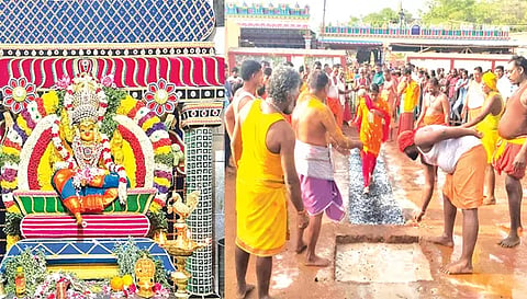 அம்மன் சிறப்பு அலங்காரத்தில் அருள்பாலிப்பதையும், பக்தர்கள் தீ  மிதிப்பதையும் படத்தில் காணலாம்.