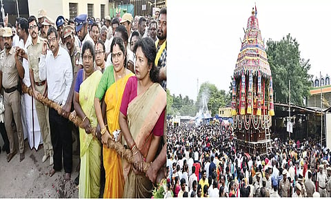சித்திரை திருவிழா தேரோட்டத்தினை கலெக்டர் ஷஜீவனா வடம்பிடித்து இழுத்து தொடங்கி வைத்தார்.