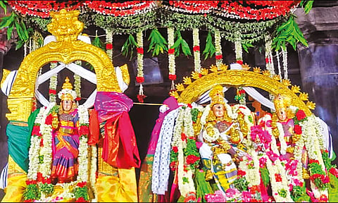 சிறப்பு அலங்காரத்தில் மீனாட்சி அம்மன், சுந்தரேசுவரர், பிரியாவிடையுடன் எழுந்தருளி இருப்பதை படத்தில் காணலாம்.